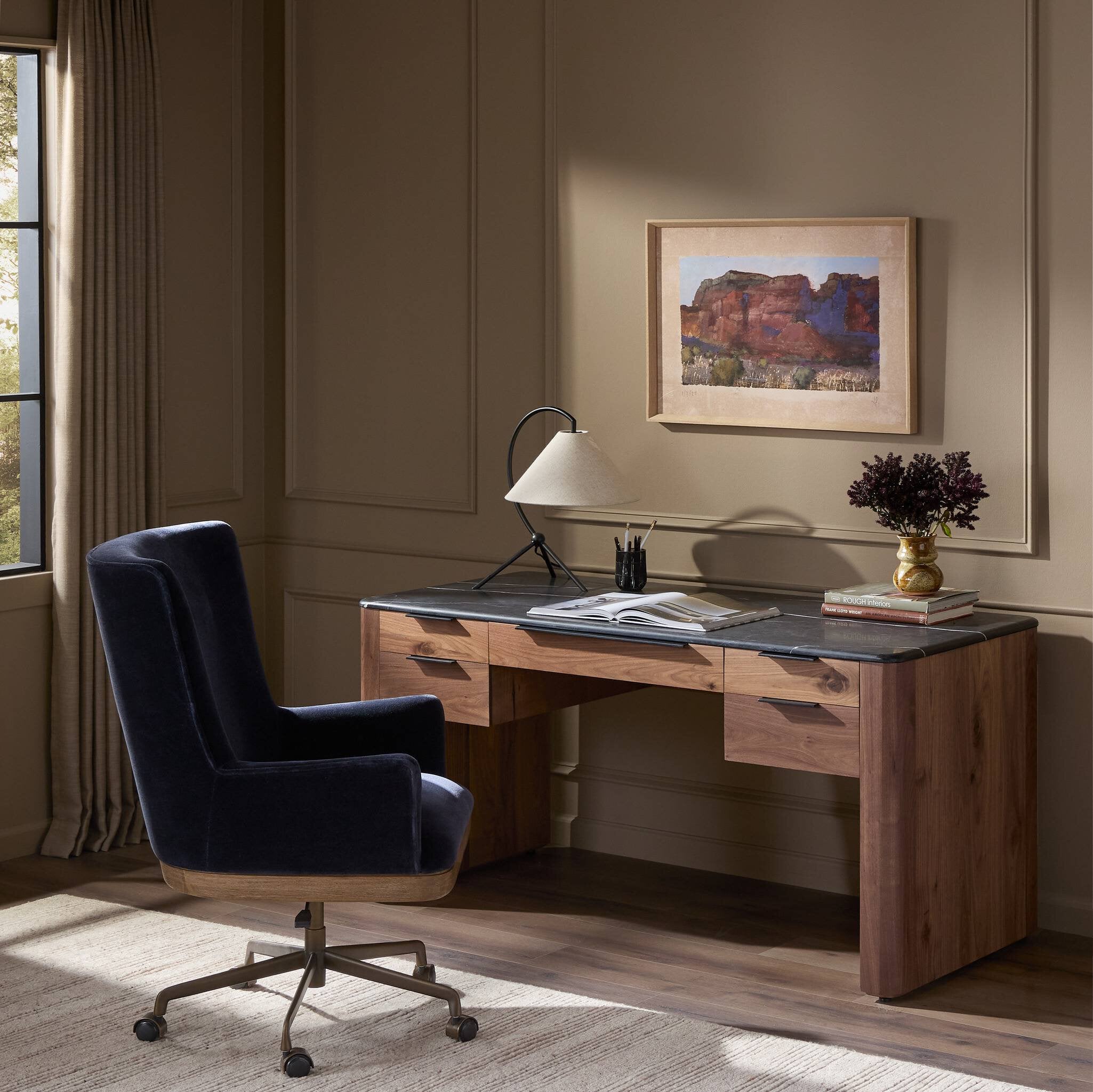 Teresa executive desk: solid walnut with black marble top, five drawers, black iron hardware.