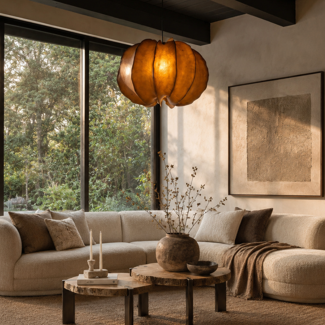 A warm amber paper lantern-style pendant light hangs over a beige sectional sofa in a styled living room with wood coffee tables, a large window view, and neutral decor.