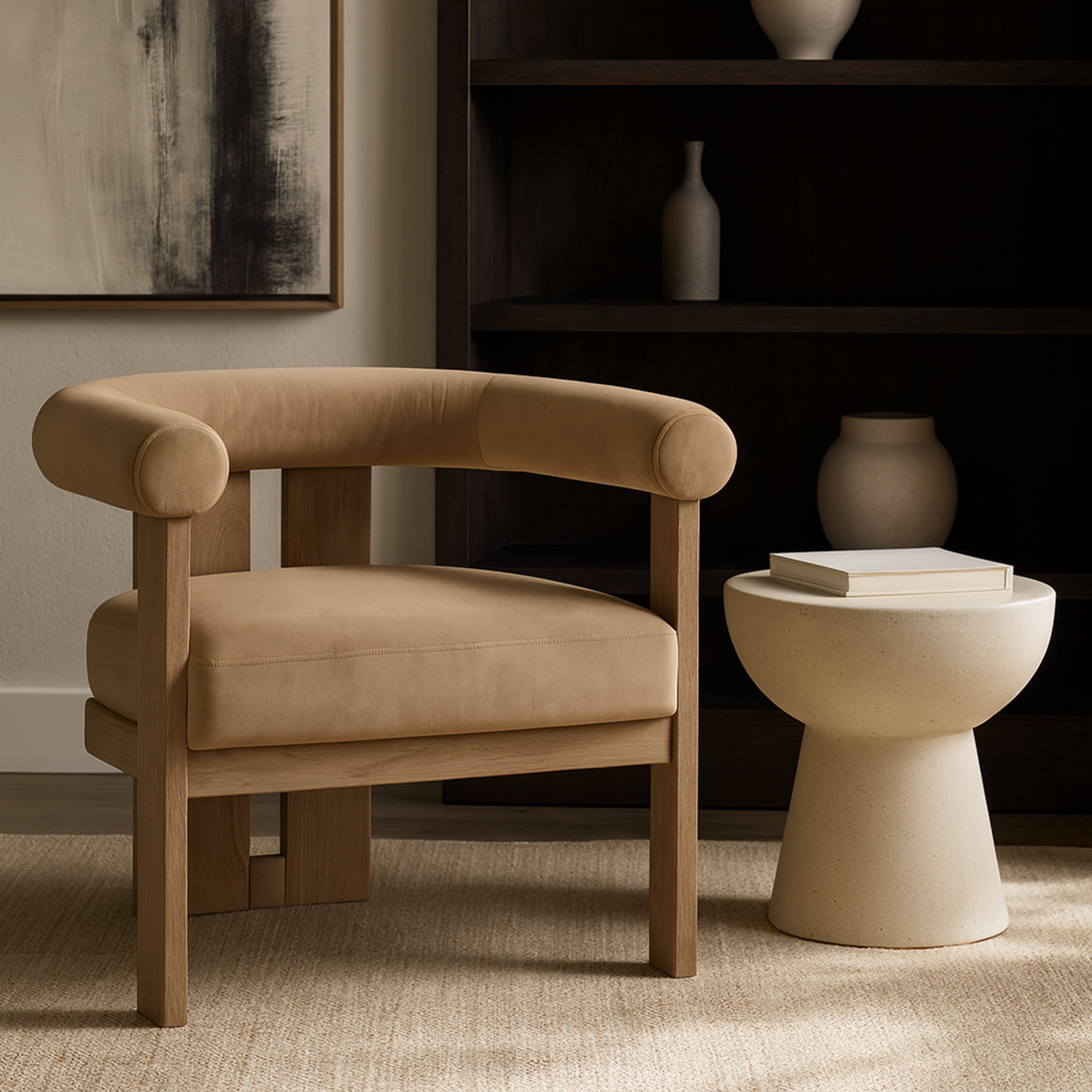 Isla Art Deco accent chair in tan velvet with brown walnut-finished solid wood legs.