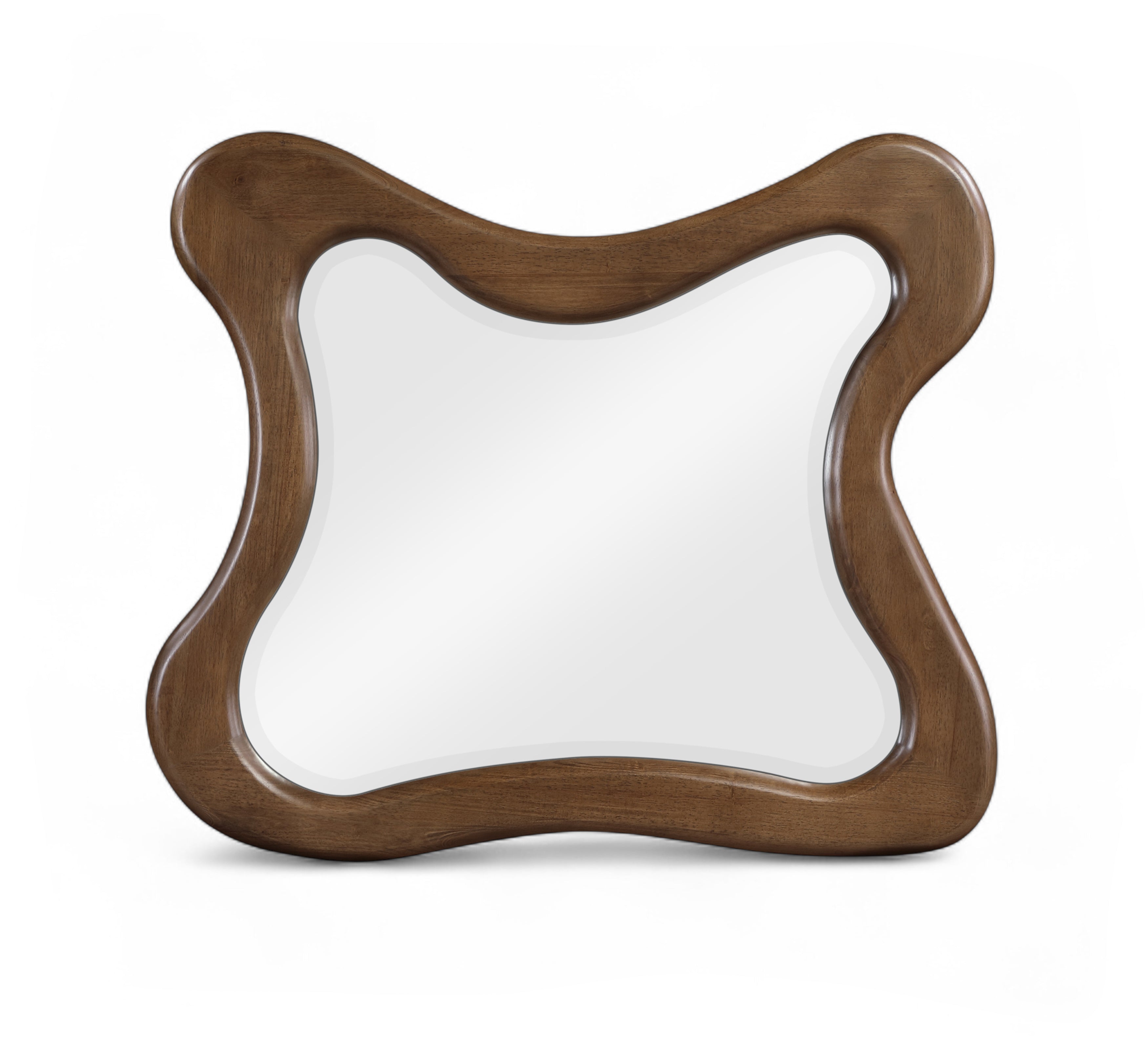 Oro Wall Mirror: Contemporary brown walnut solid wood frame with a unique wavy shape.