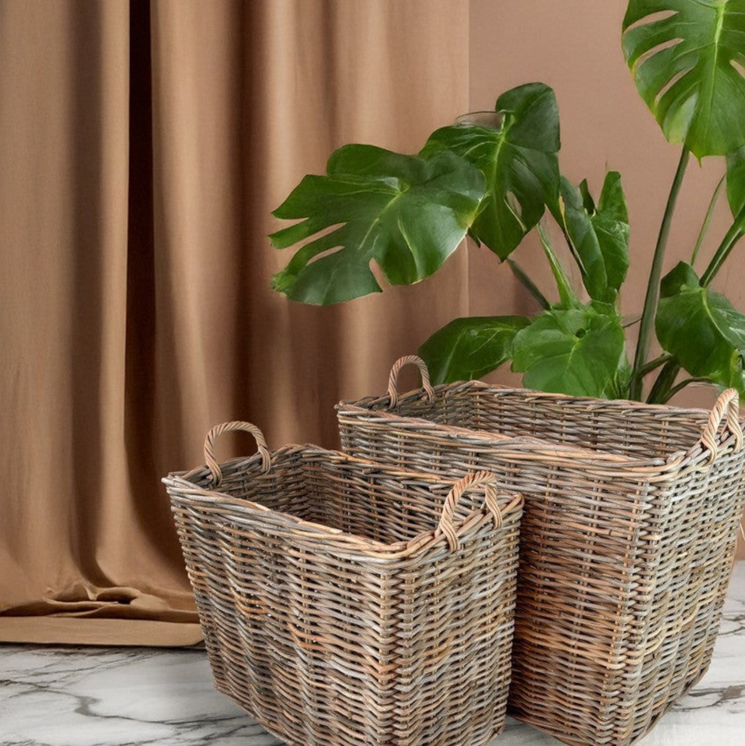 Belen Rectangle Rattan Basket, Set of 2