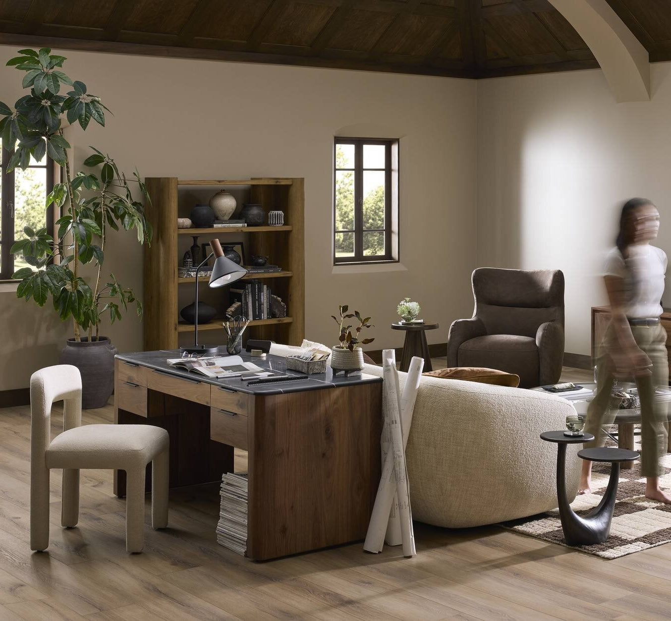 Teresa executive desk: solid walnut with black marble top, five drawers, black iron hardware, in a modern office.