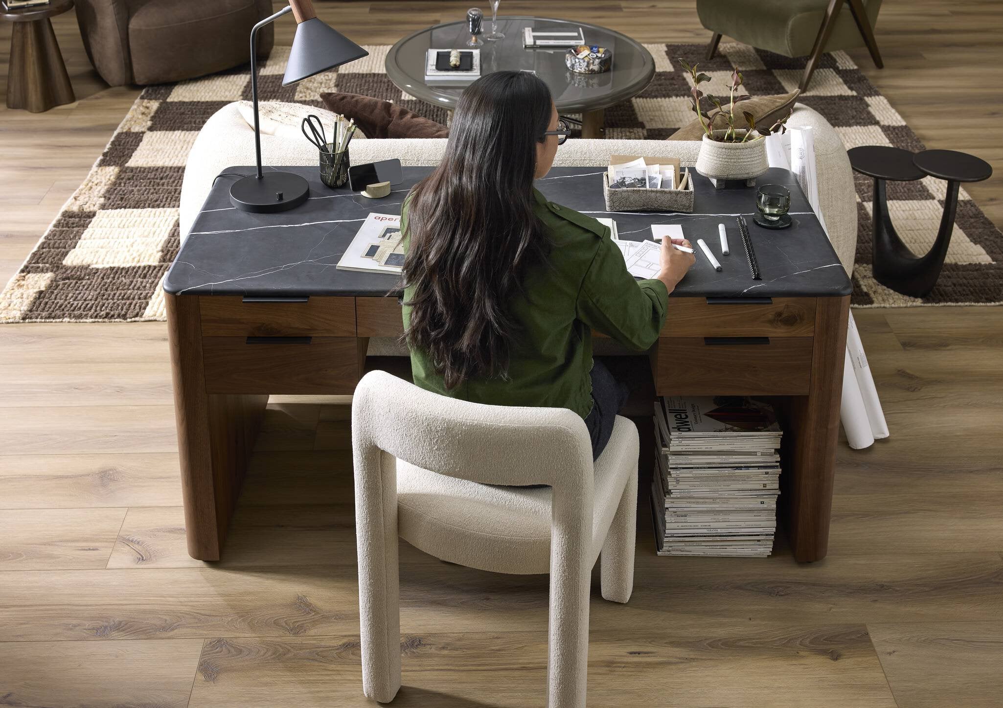 Teresa Desk: Walnut executive desk with black marble top, five drawers, and black iron hardware.