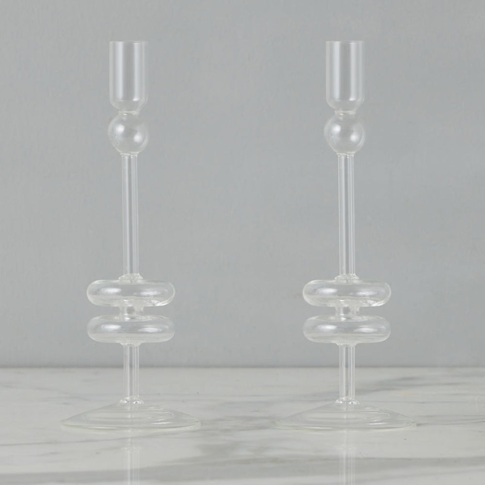 Clear Glass Candlestick, Set of 2