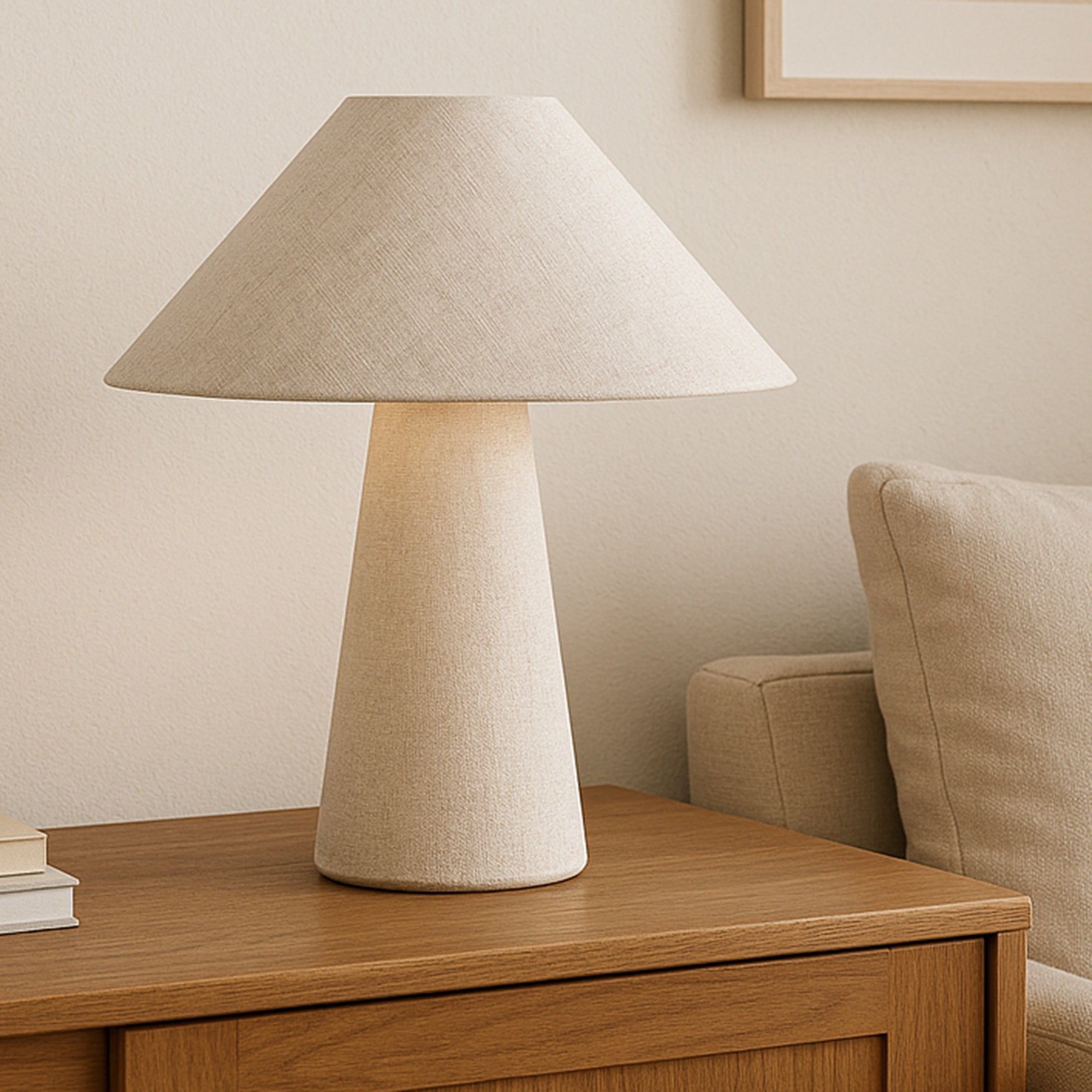 Nori Table Lamp: Neutral fabric-wrapped lamp with a conical base and angled shade on a wooden table.