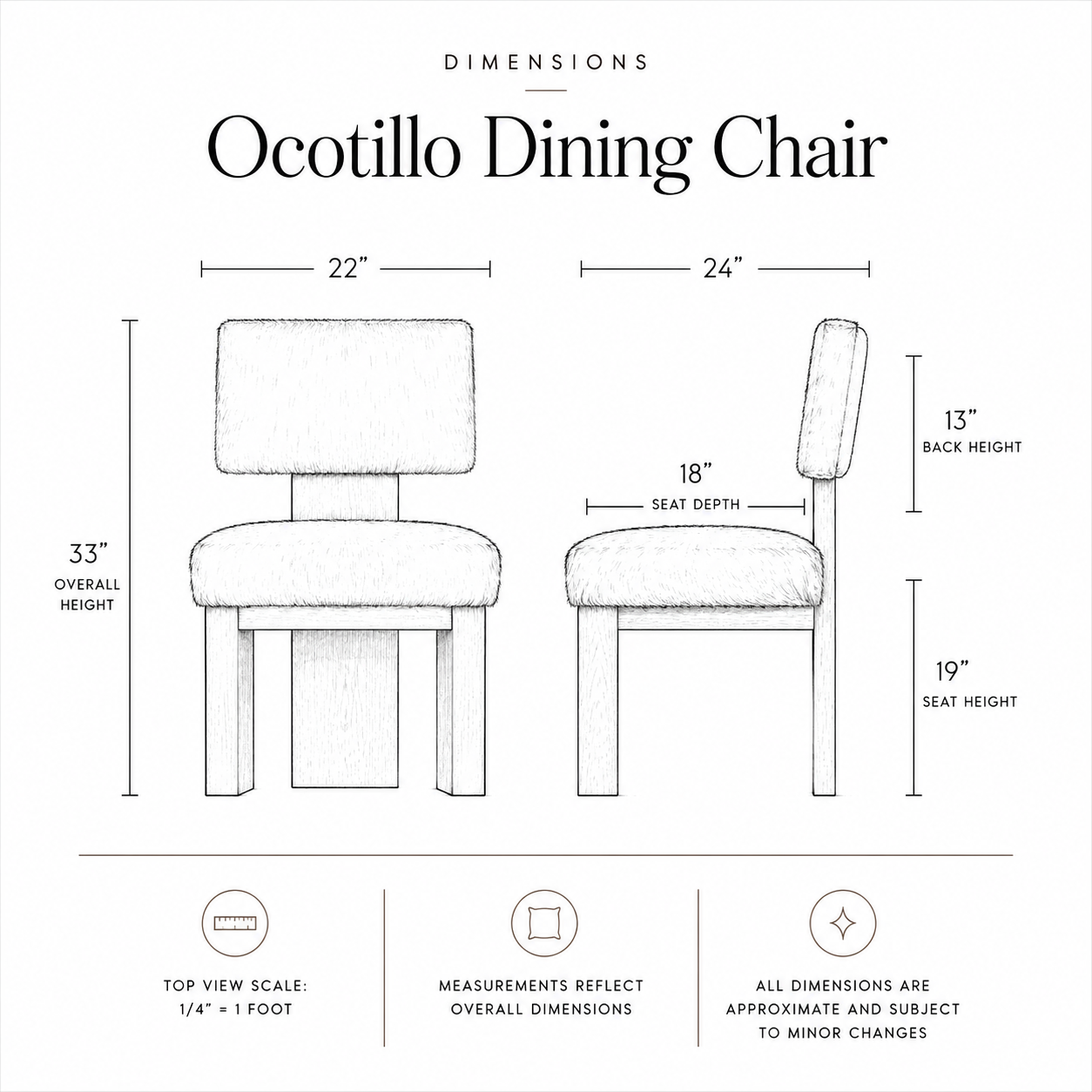 Dimensional diagram of an Ocotillo Dining Chair with measurements.