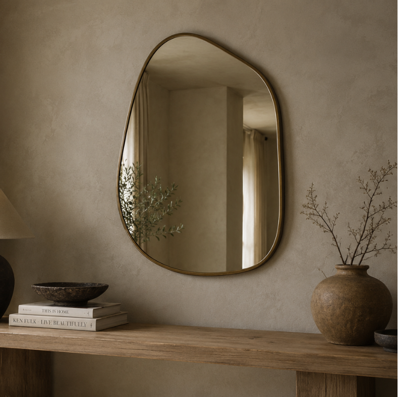 An organic-shaped wall mirror with a gold-toned frame hangs on a textured beige wall above a wooden console table styled with a lamp, books, and a vase.