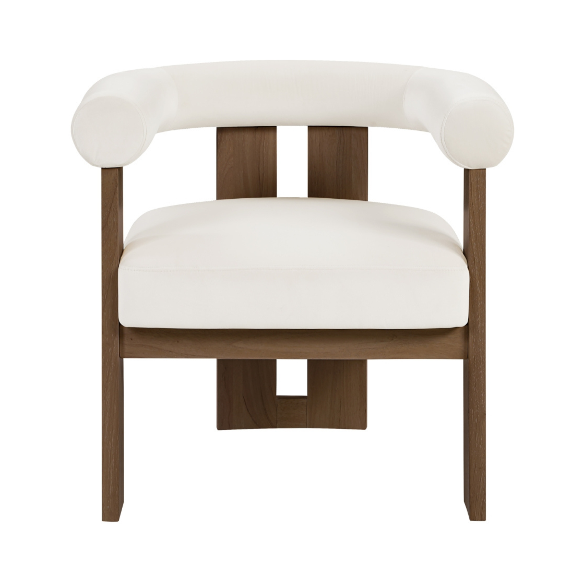Isla Art Deco accent chair with white velvet upholstery and brown walnut-finished wood legs.