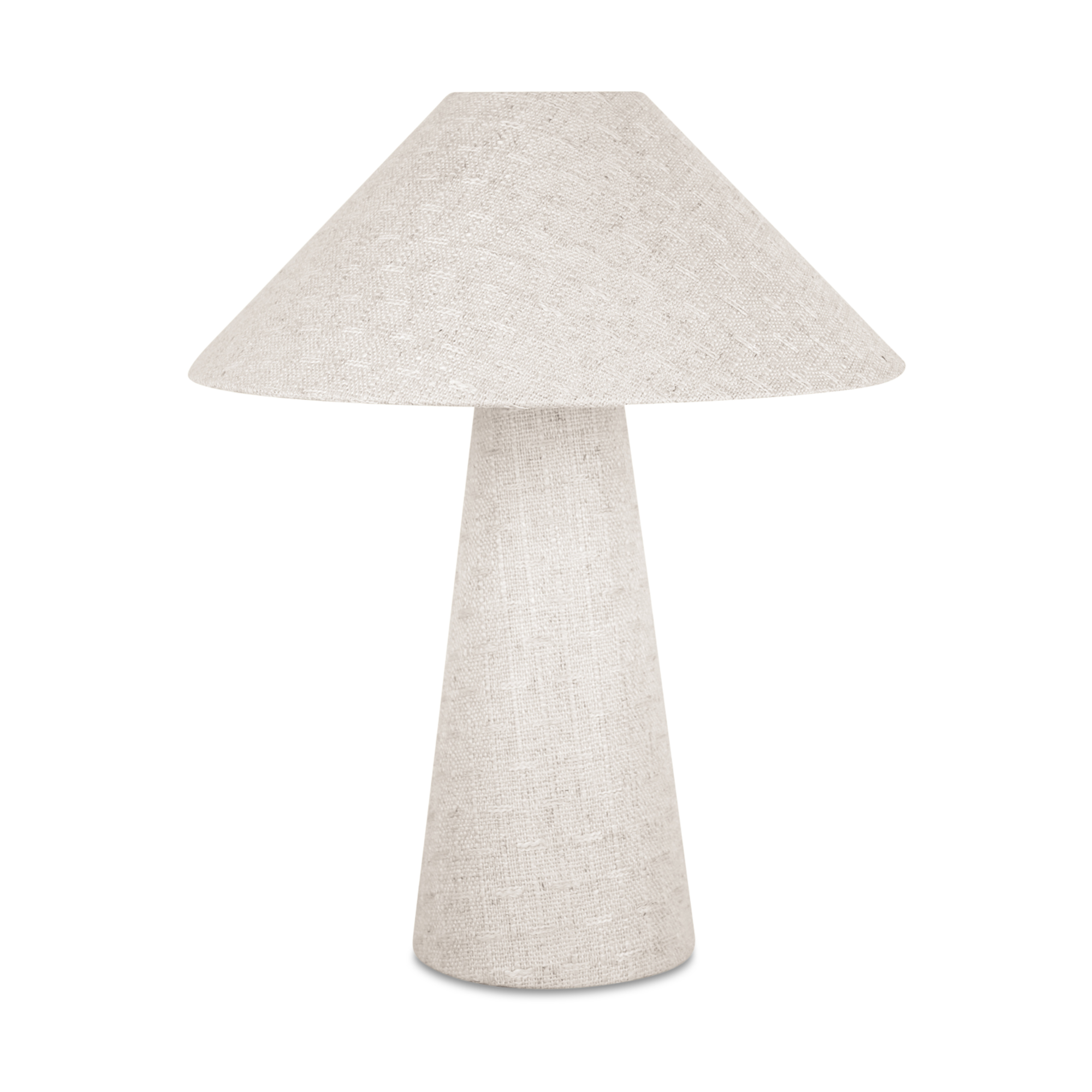 Nori Table Lamp: Textured neutral fabric lamp with rounded base and angled shade.