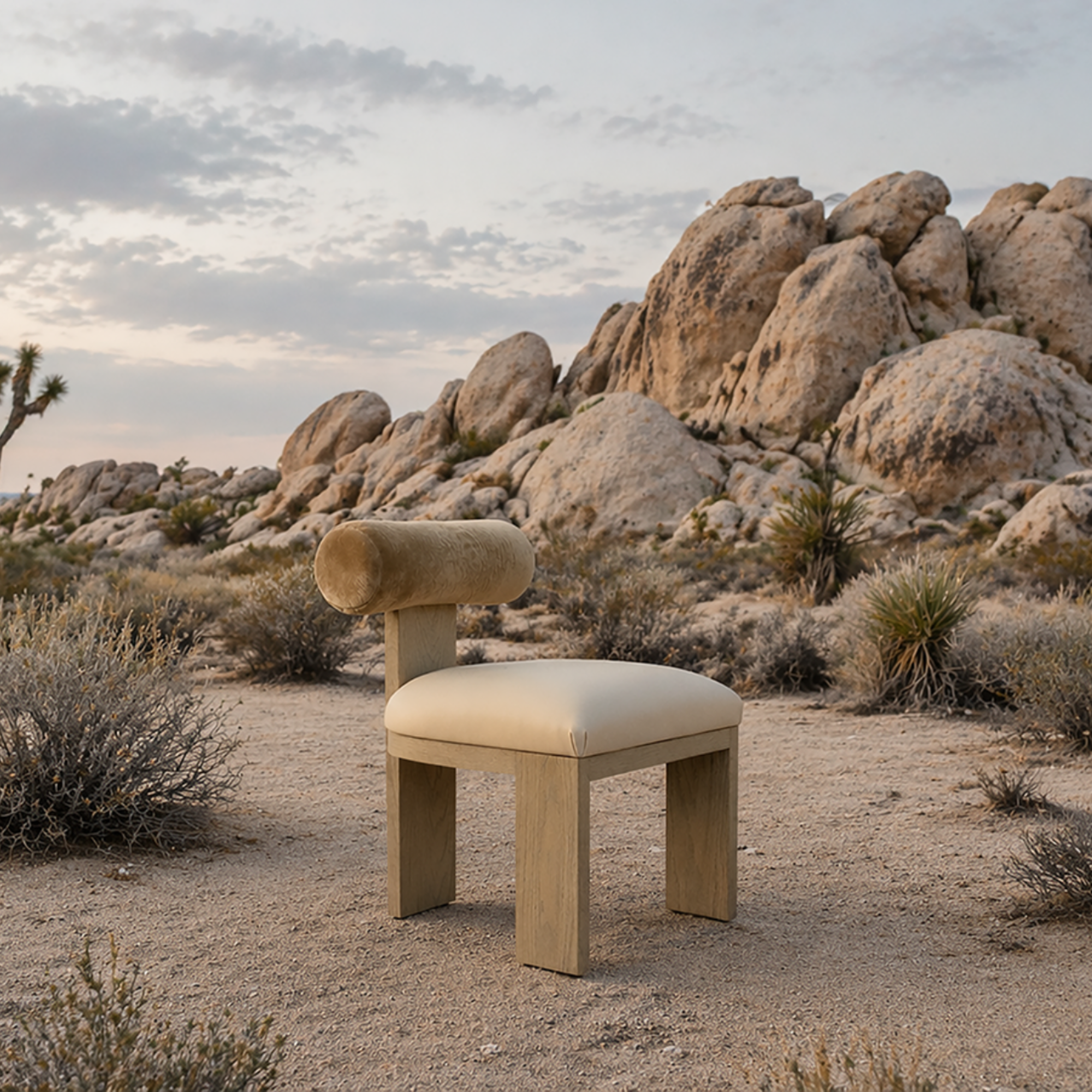 Beige chair in a desert landscape with rocky formations and sparse vegetation.