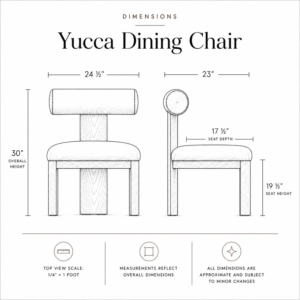 Dimensions of a Yucca Dining Chair with labeled measurements on a white background
