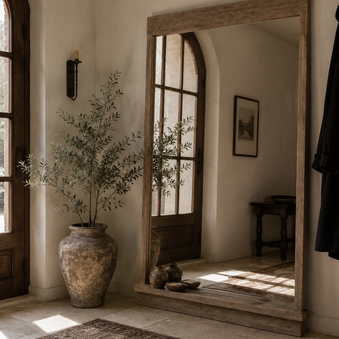 oversized wood mirror on entryway floor
