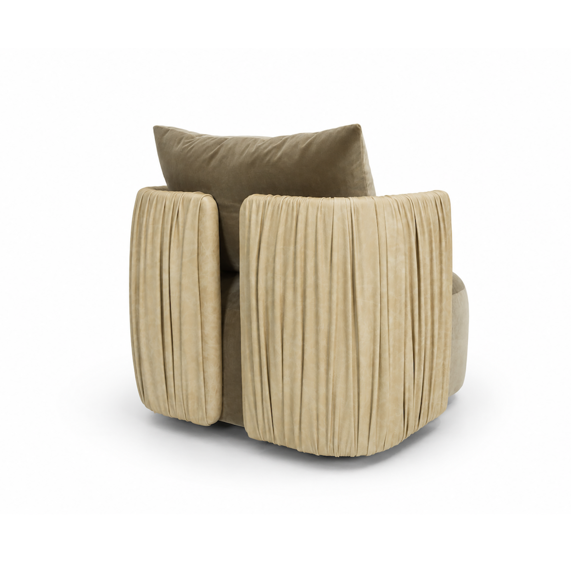 Beige pleated chair with a cushion on a white background