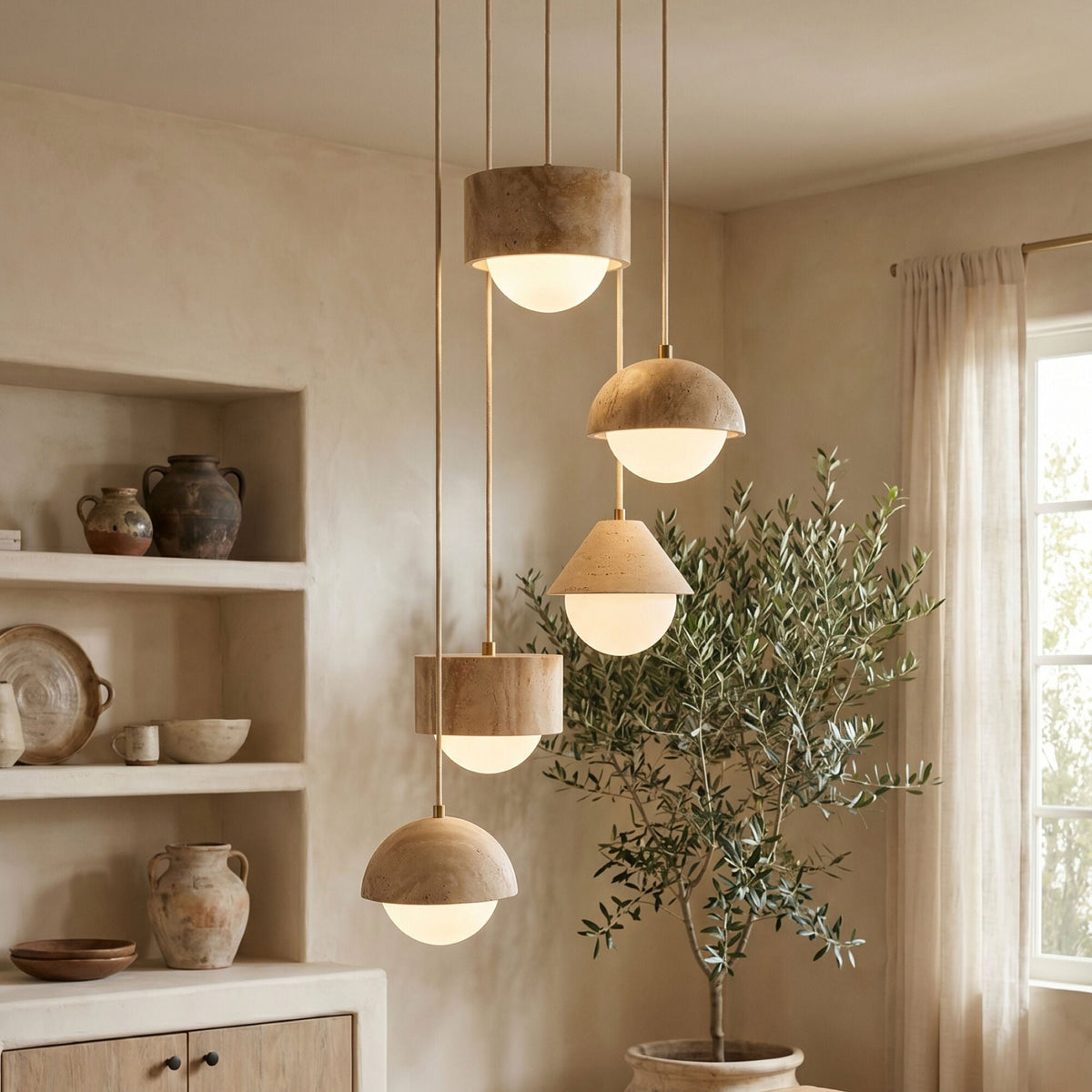 Five travertine pendant lights with warm wood-look shades and glowing white globe bulbs hang over a rustic wooden dining table in a softly lit, neutral-toned dining room with shelves, a potted olive tree, and sheer curtains.