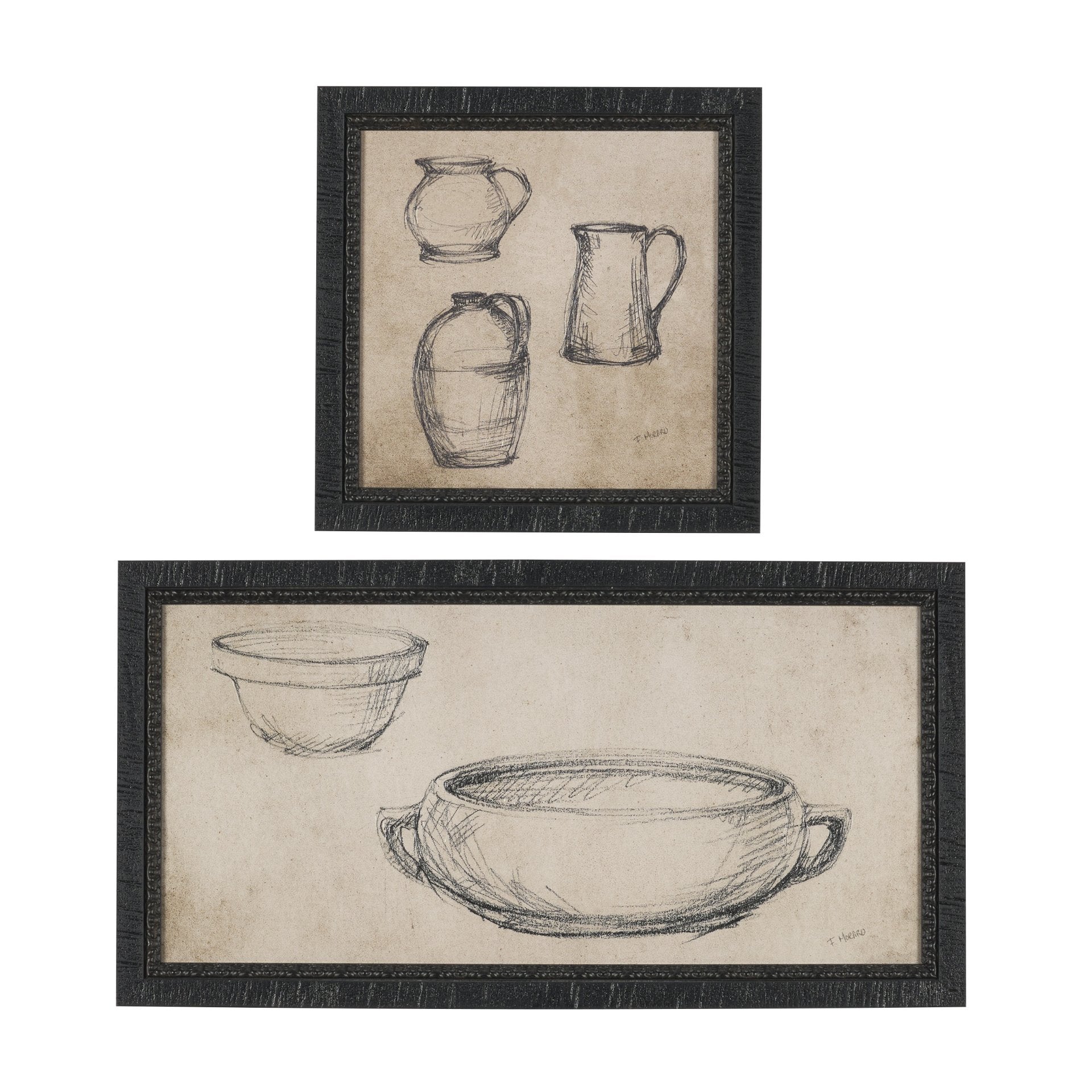 Vintage Tableware Sketch Framed Artwork, Set of 2