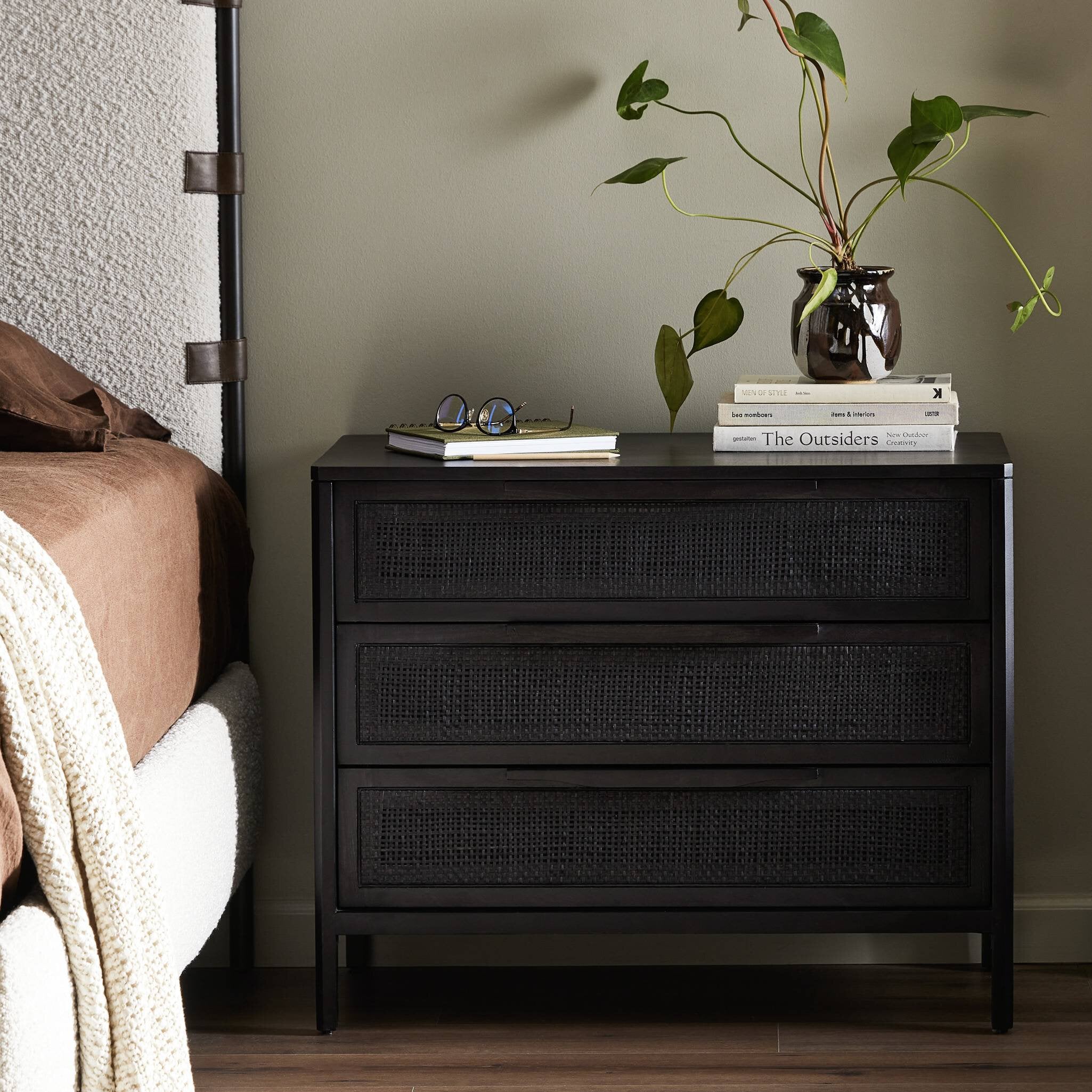 Sydney Large Nightstand BLACK WASH MANGO WITH BLACK CANE - StyleMeGHD - Nightstands