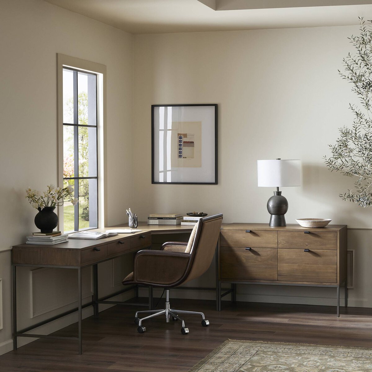 Trey Desk System With Wide Filing Cabinet