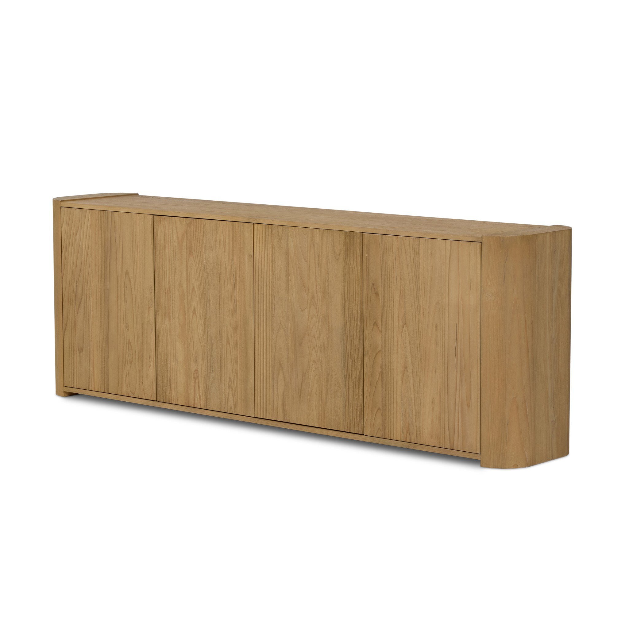 Light brown sungkai wood Rada sideboard with rounded corners and four push-latch doors.