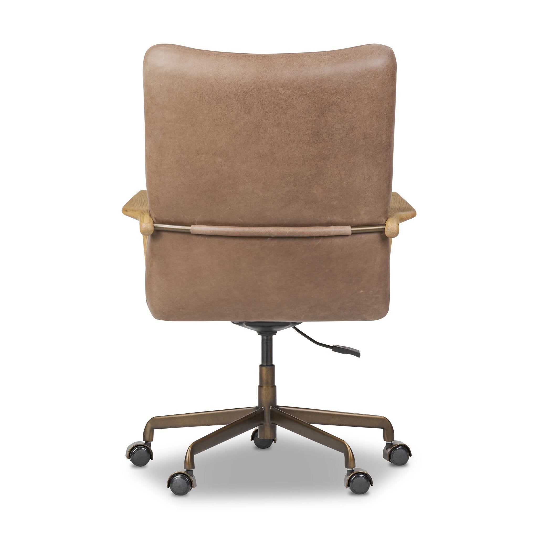Back view of Sammy Desk Chair in brown top-grain leather with aged smoked oak paddle arms and brass base.