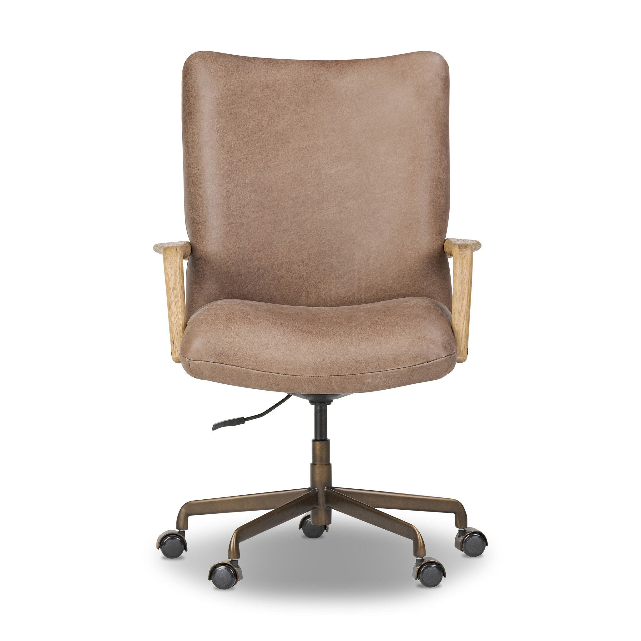 Sammy Desk Chair brown top-grain leather with tufting, smoked oak paddle arms, burnished brass base, height adjustable.