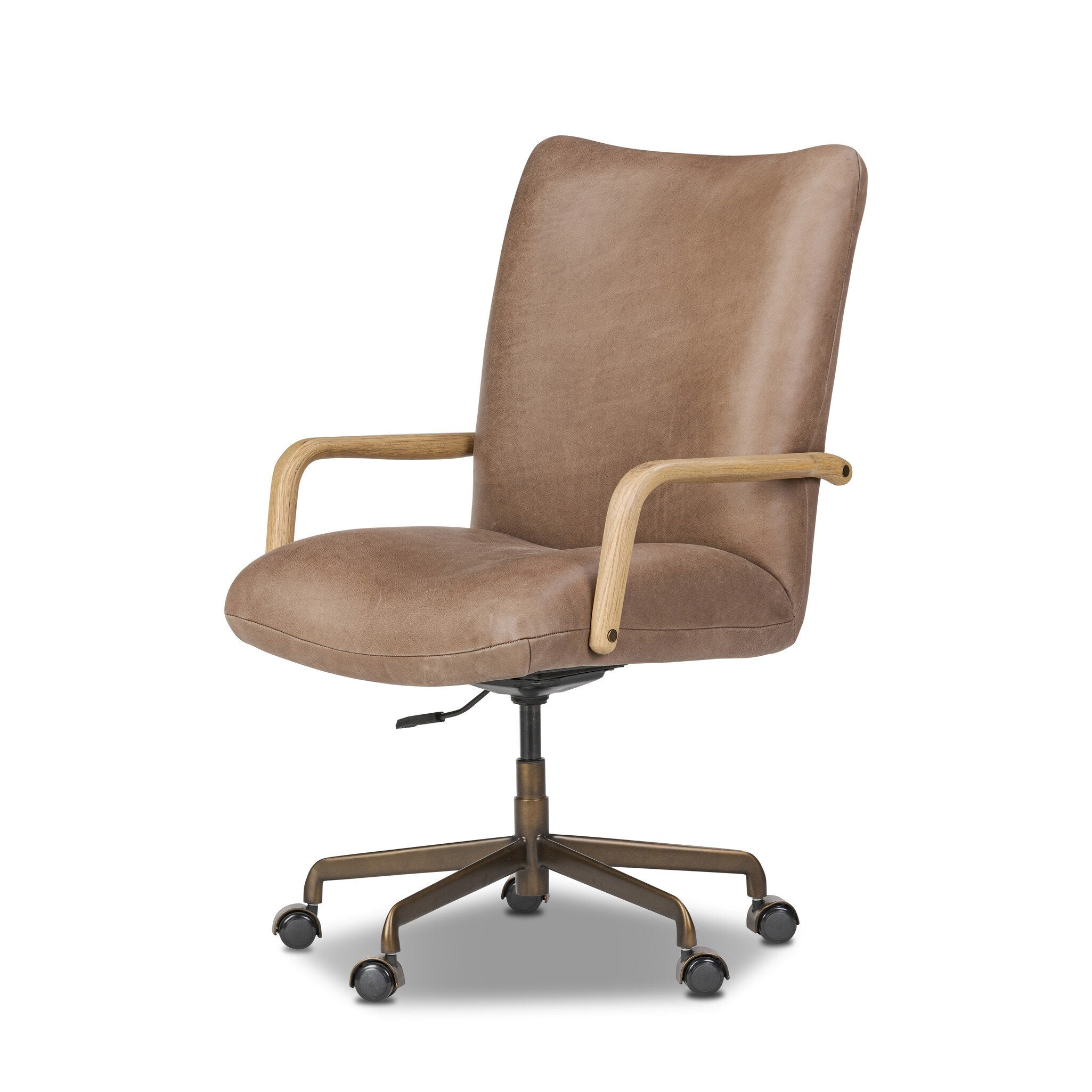 Sammy Desk Chair: brown leather with thick tufting, smoked oak paddle arms, burnished brass base, 26.75W×28.25D×39H