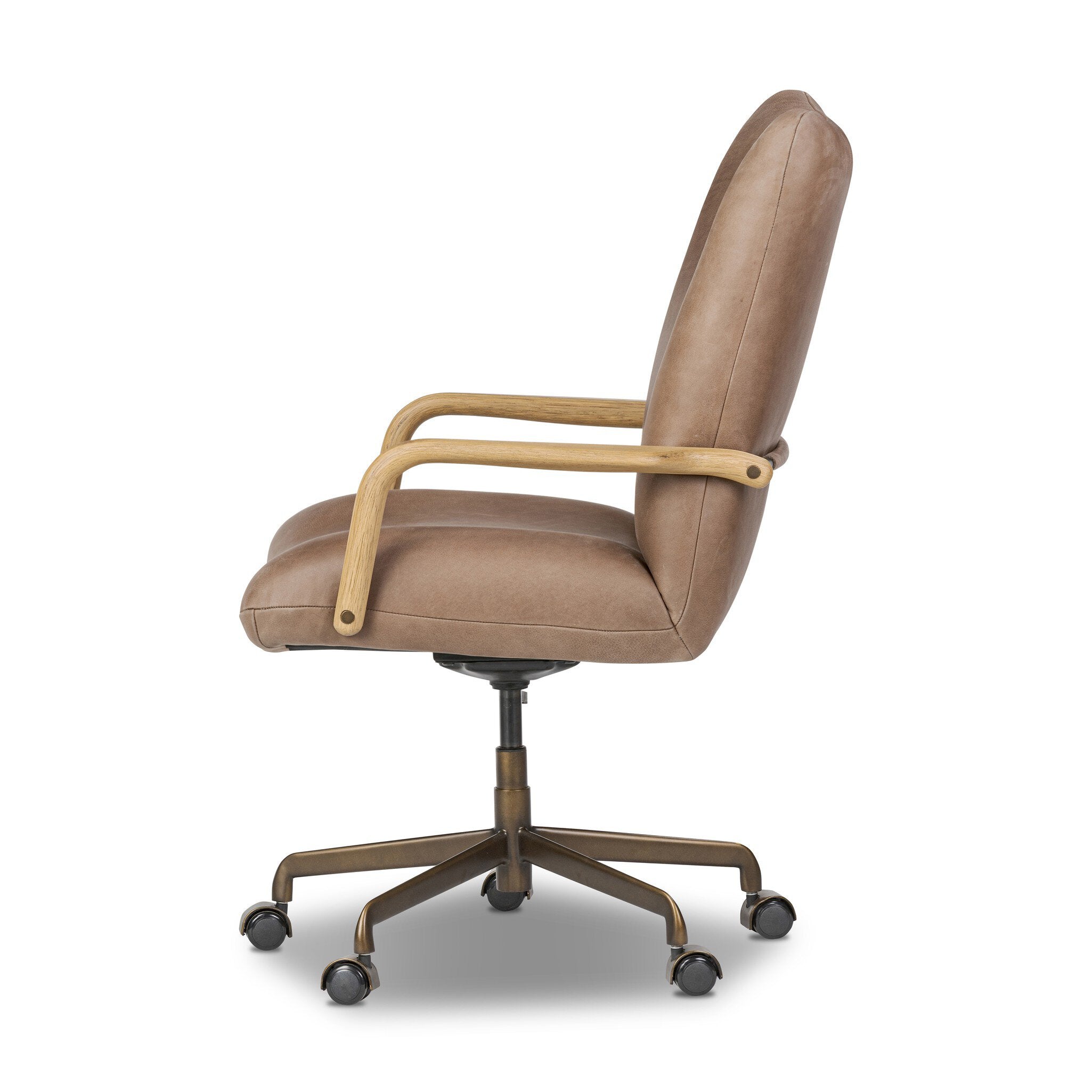 Sammy Desk Chair in top-grain leather with thick tufting, smoked oak paddle arms, burnished brass base, adjustable.