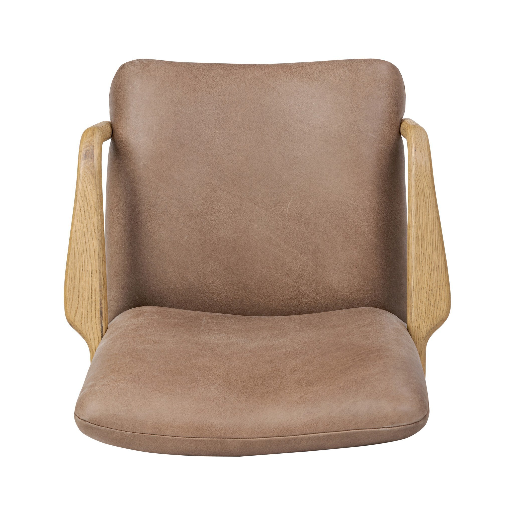 Sammy Desk Chair in brown top-grain leather with thick tufting and oak paddle arms.