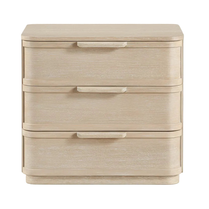 Brava Nightstand: Natural white oak, solid wood veneer, 3-drawer mid-century modern design.