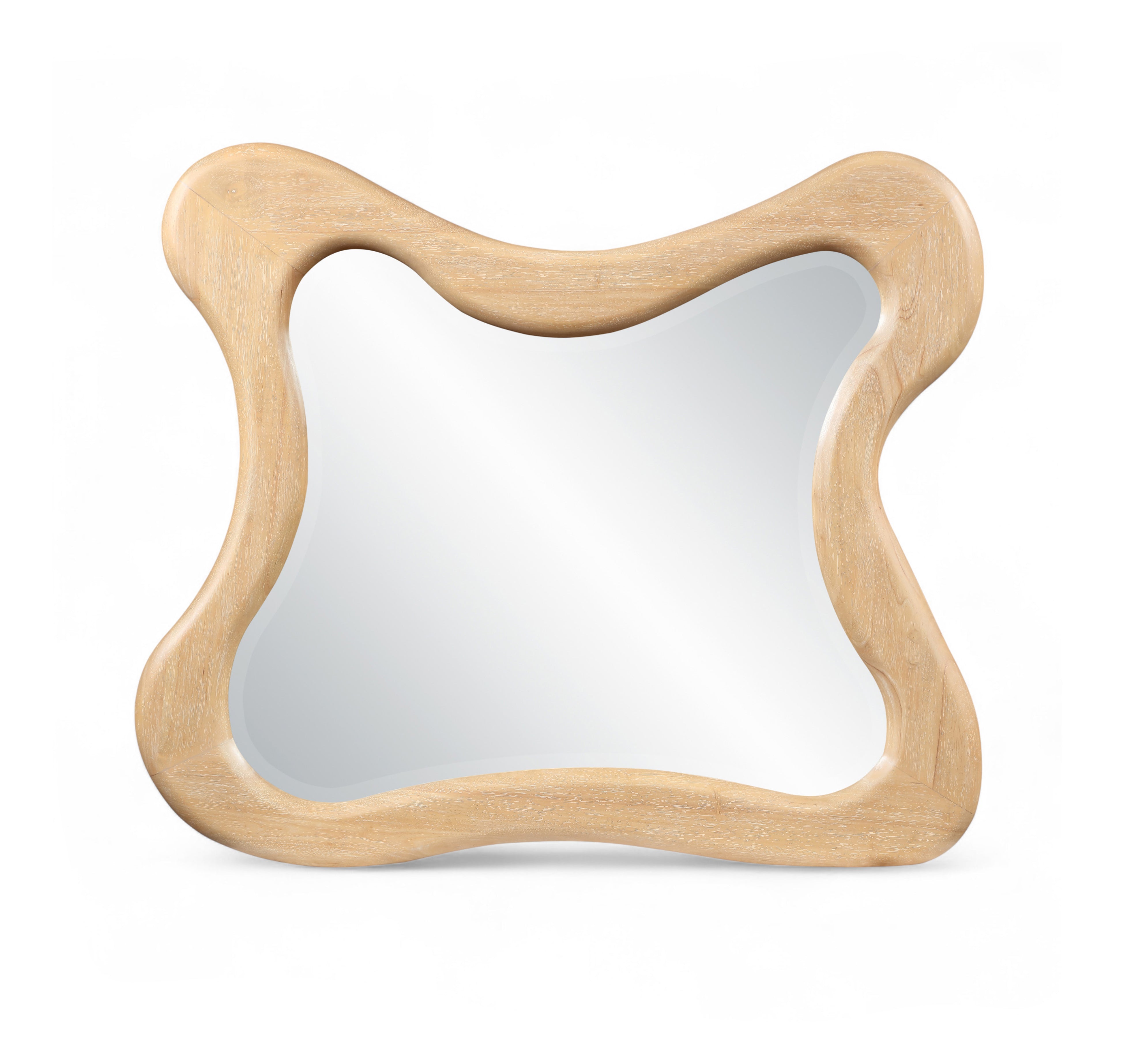 Oro Wall Mirror: Natural finish solid wood, contemporary wavy frame, 42"W x 36"H.