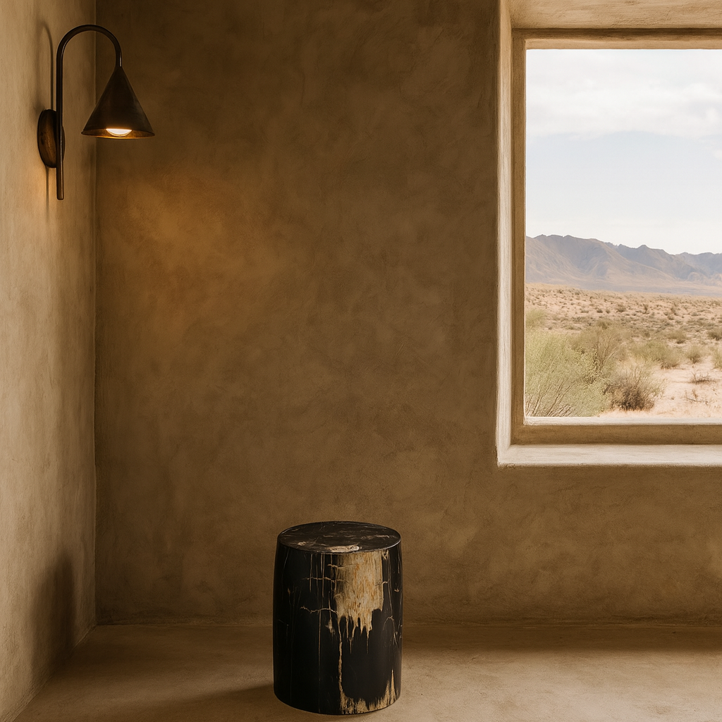 Nestled room with a black stool against a textured wall, window overlooking desert landscape.