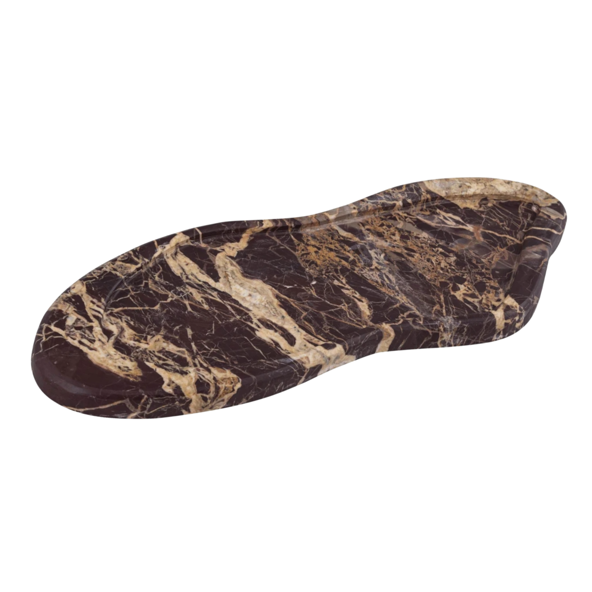 Arian Tray: Dark brown genuine marble decorative tray with unique beige and white veining, 16" long, art deco style.