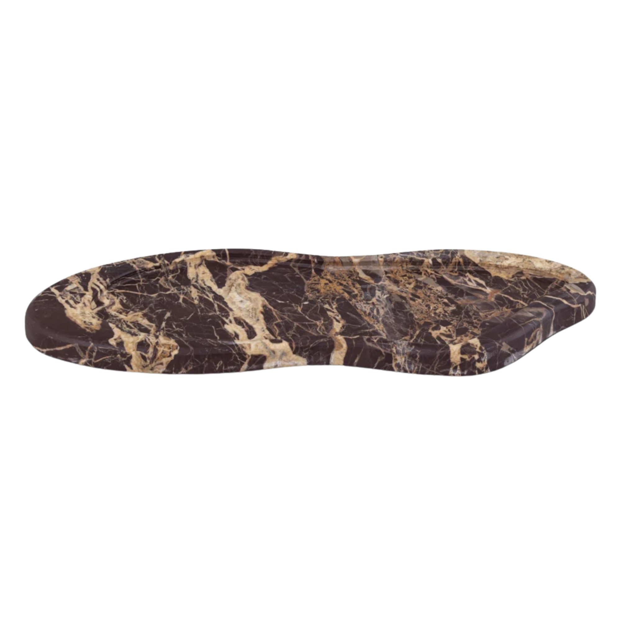 Arian decorative tray: 16" long, dark brown marble with natural gold and white veining, organic curved shape.