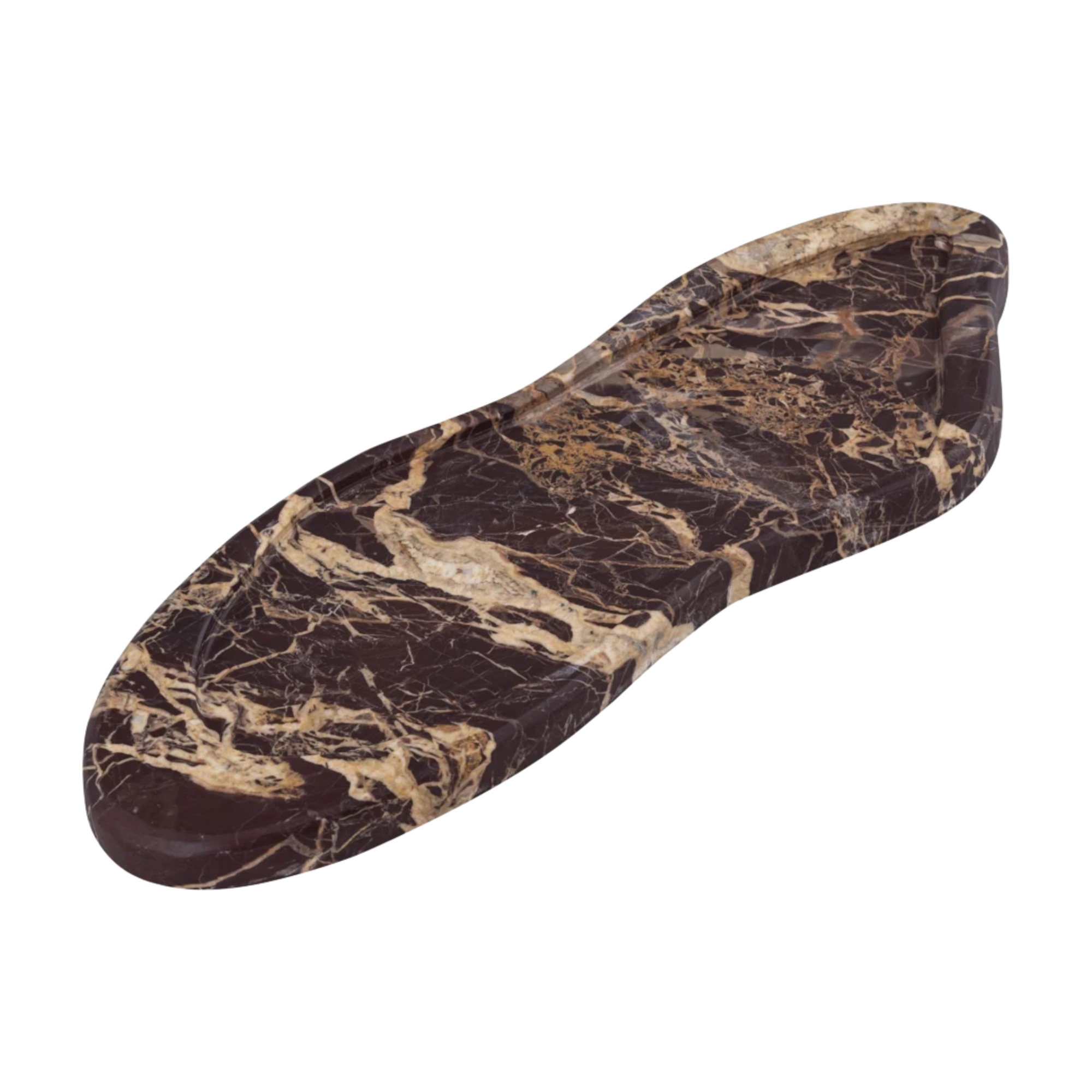 Arian Tray: Dark brown genuine marble decorative tray with unique beige and gold veining, 16" long.