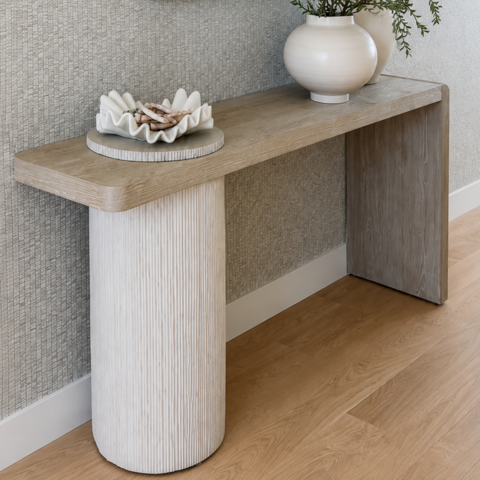 Entryway console table  featuring rustic oak tabletop in a warm Roz finish rests on a glass-reinforced pedestal base in a soft Pumice