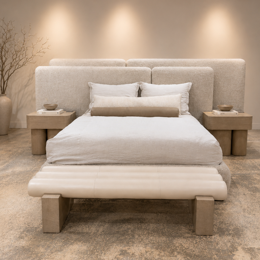 Slot Canyon Bed with drift nightstands and cylinder bench; luxury furniture collection Kristen Hancock x Rene Cazares