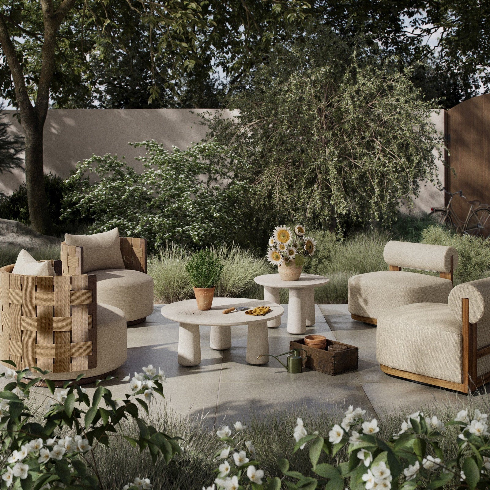 Outdoor lounge furniture arranged for summer hosting
