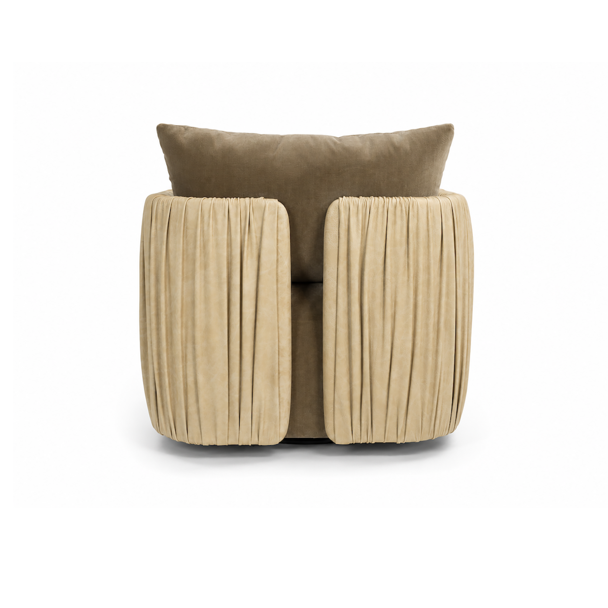 Beige chair with pleated design and brown cushion on a white background
