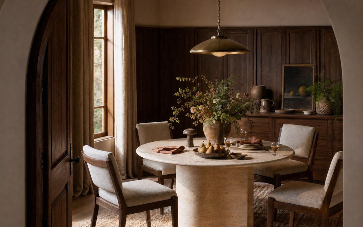 Warm dining room with a round stone table, wood paneling, and a brass pendant.