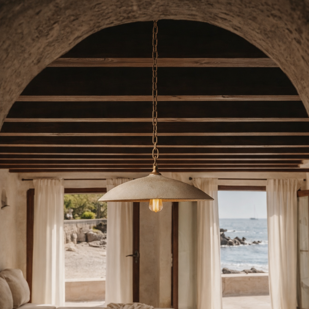 Pendant light hanging in a room with a view of the ocean through large windows.