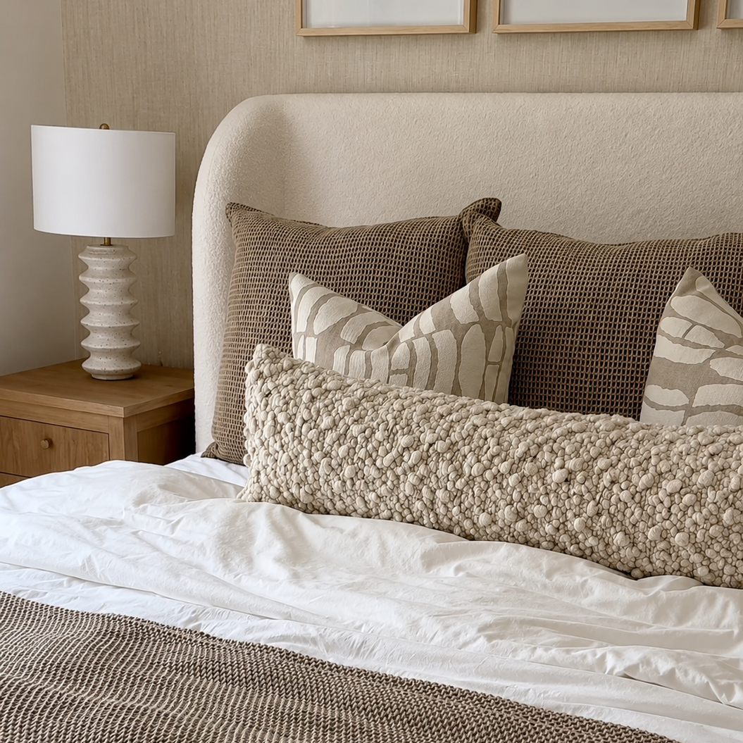 Neatly made bed with decorative pillows and a lamp on a nightstand in a bedroom.