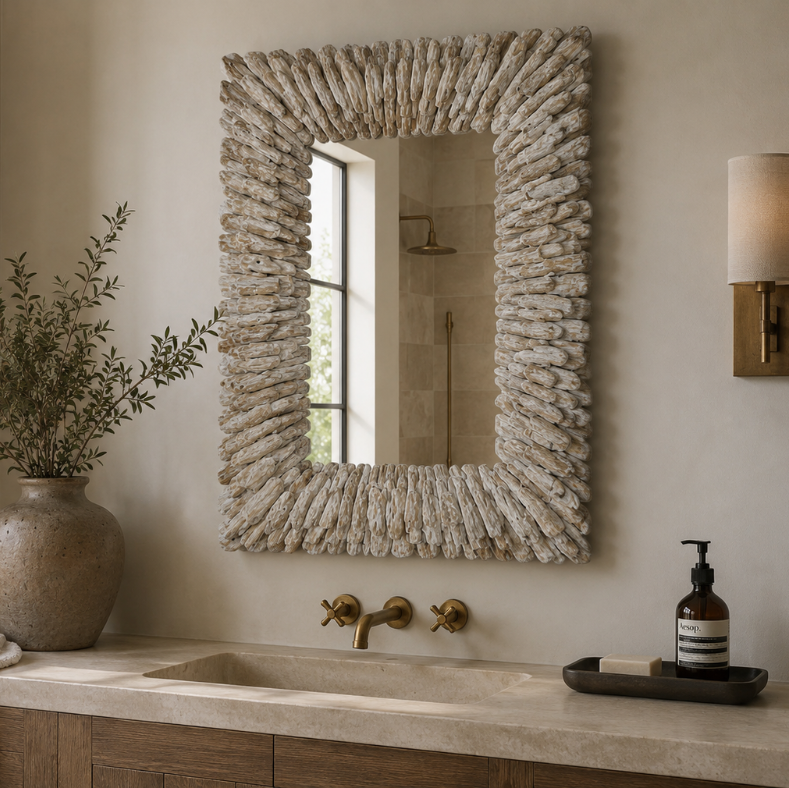 A square wall mirror with a textured, sunburst-like frame made of layered natural wood, mounted on a beige wall above a bathroom vanity with a stone sink and brass fixtures.