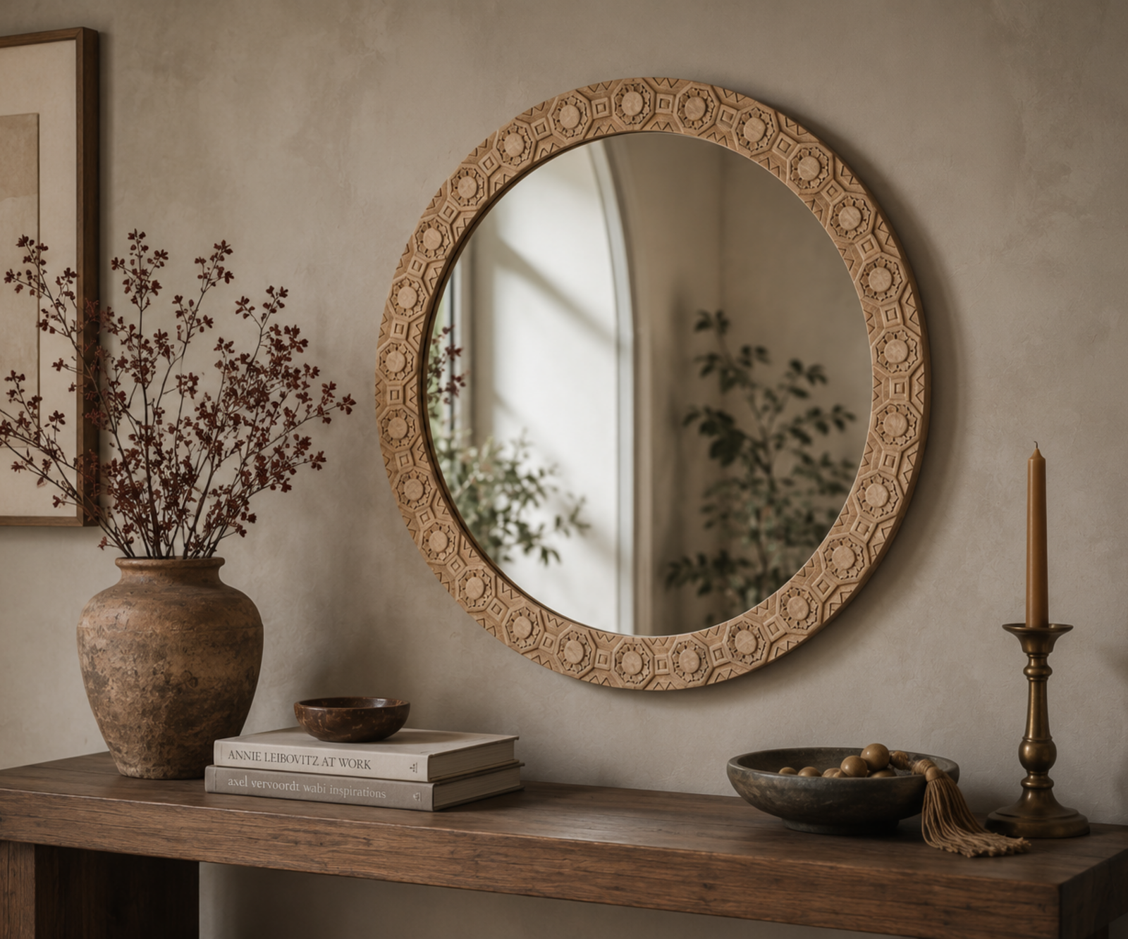 round wood mirror