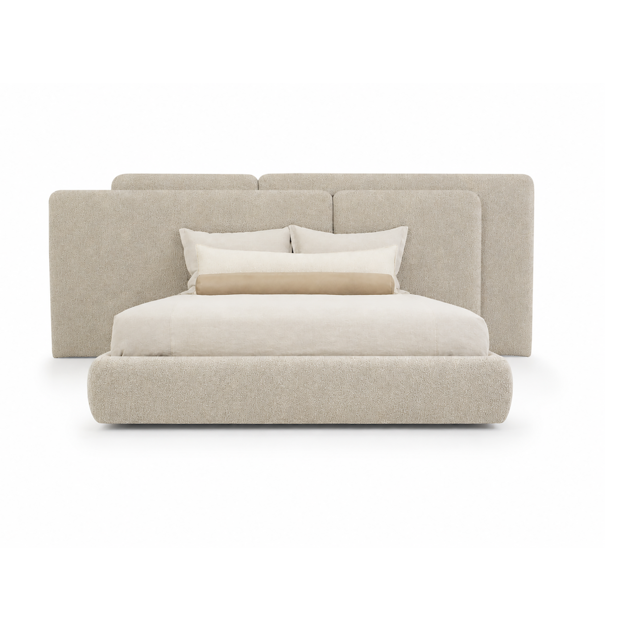 Beige upholstered bed with pillows on a white background