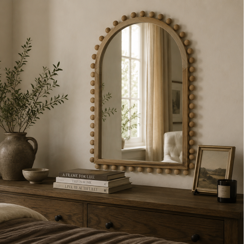 An arched wooden mirror with a decorative beaded border hangs on a beige wall above a dark wood dresser in a styled bedroom setting. The scene includes a vase with greenery, stacked books, a small framed print, and a candle.